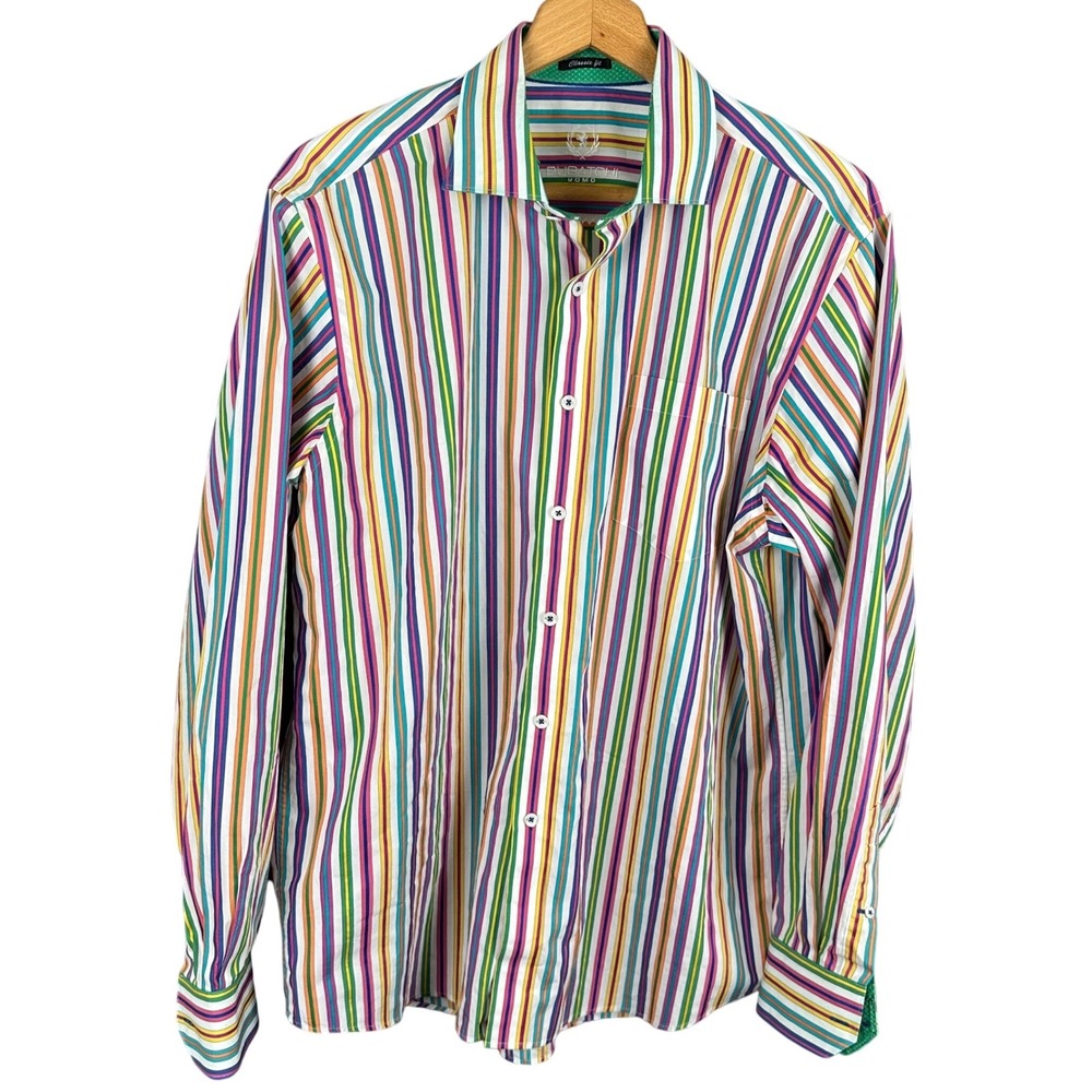 Bugatchi Uomo Mens Classic Fit Multi Color Striped Cotton Button Down Shirt XL